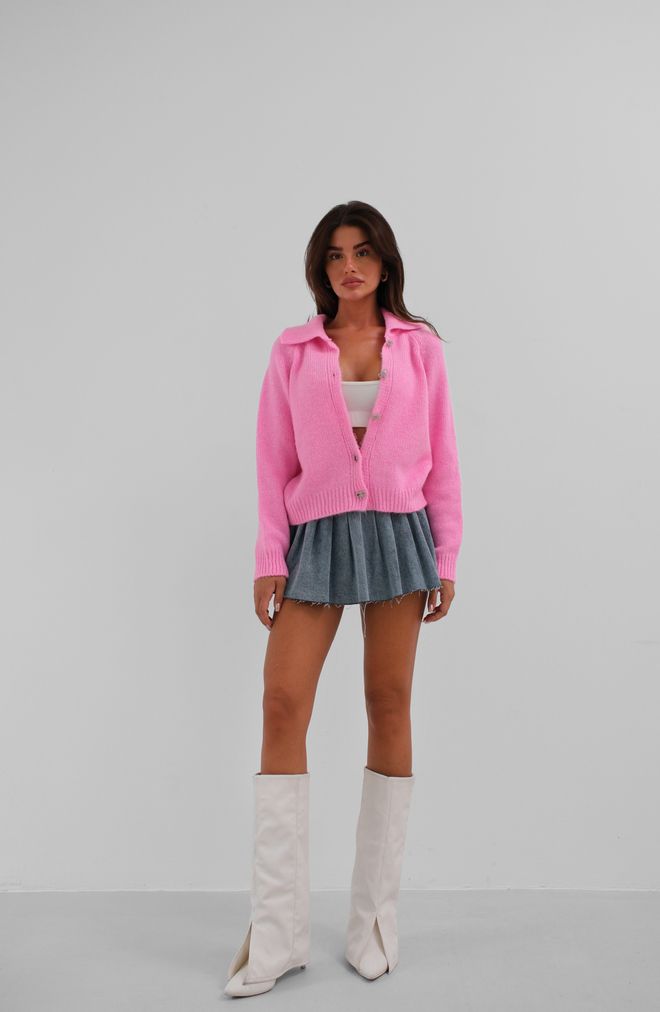 Black Fashion Stoned Bow Buttoned Knitted Cardigan Pink Wholesale Clothing 0