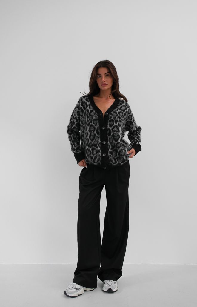 Black Fashion Strickjacke Mit Leopardenmuster – Schwarz Großhandelskleidung Lässig