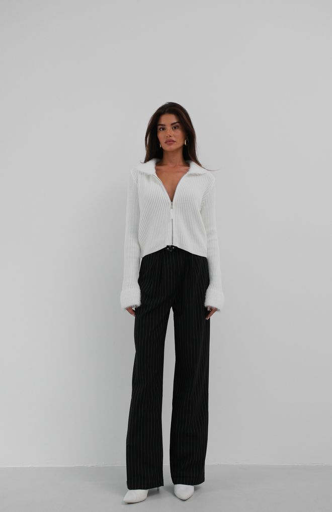 Black Fashion Pletena Jopica Z Zadrgo S Krznom In Detajli Ecru Oblačila na debelo 0