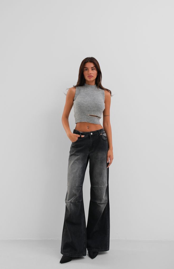Black Fashion Blouse Décolletée En Maille Pierre Gris Vêtements en gros Sexy