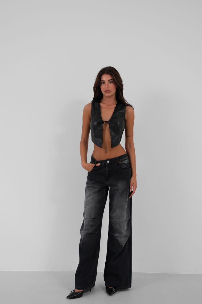 Black Fashion Skórzana Krótka Kamizelka Czarna Hurtowa sprzedaż odzieży Casual