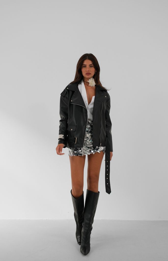 Black Fashion Chaqueta De Cuero Oversize Con Bolsillo Y Detalle De Cremallera Negro Ropa al por mayor 0