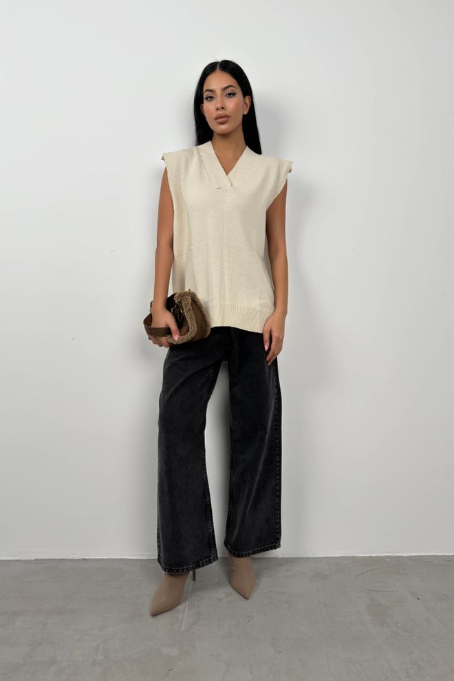 Black Fashion V Neck Oversize Sweater Beige Wholesale Clothing Casual