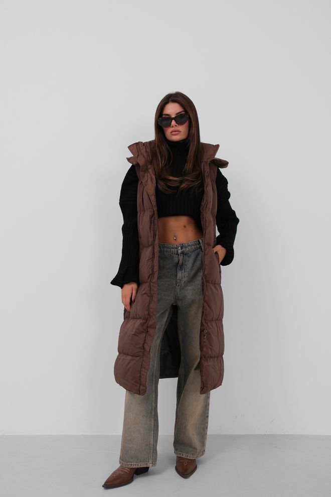 Black Fashion Γιλέκο Maxi Puffer Με Κουκούλα Καφέ Χονδρικό εμπόριο ενδυμάτων Casual