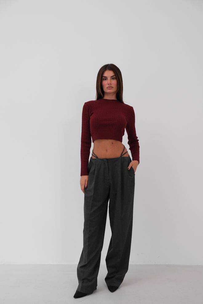 Black Fashion Πλεκτή Λεπτομέρεια Knitwear Crop Πουλόβερ Claret Red Χονδρικό εμπόριο ενδυμάτων Casual