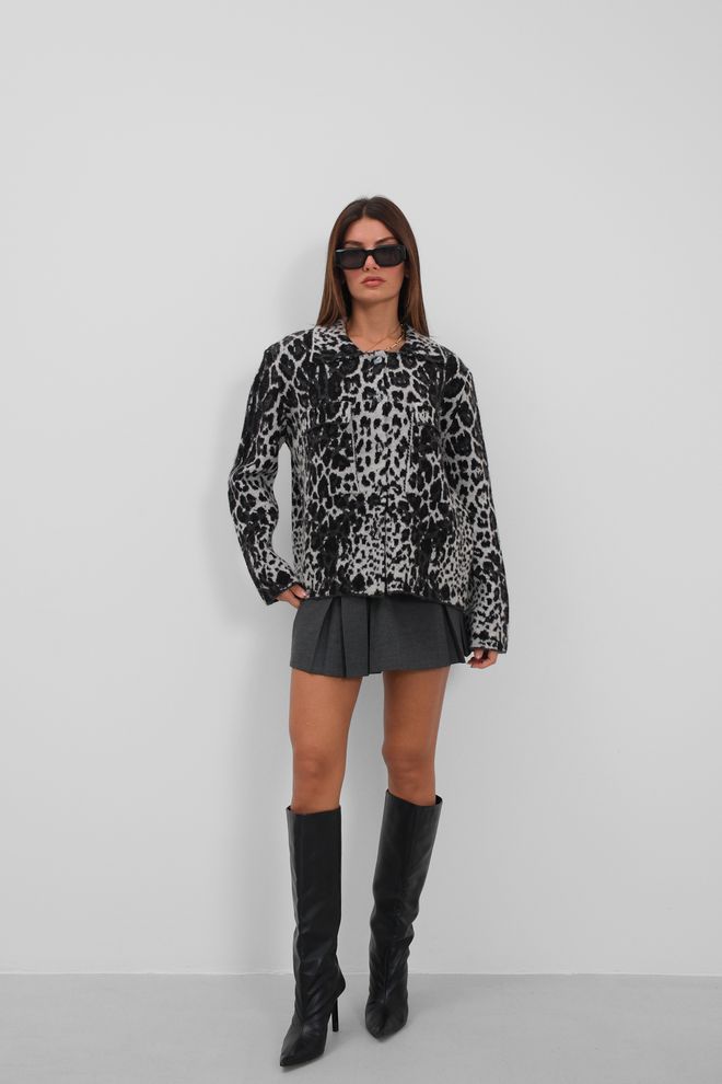 Black Fashion Hyena Patterned Cardigan Black Wholesale Clothing Casual