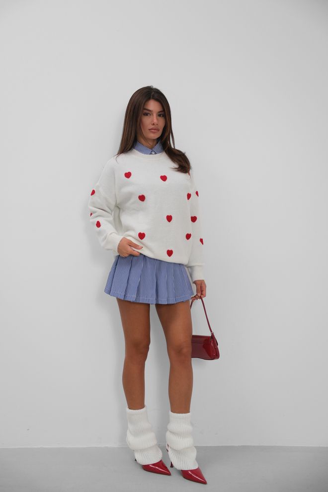 Black Fashion Heart Detailed Oversize Knitted Sweater White Wholesale Clothing Casual