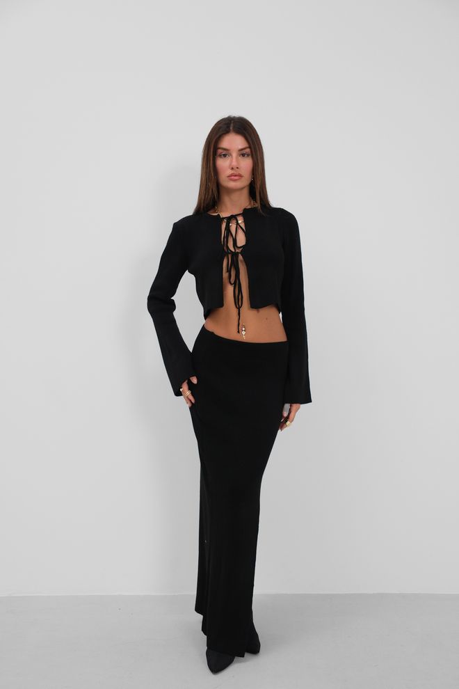 Black Fashion Bow Cardigan Slit Sijonas Trikotažo Rinkinys Juodas Didmeninė prekyba drabužiais Čiuožėjos