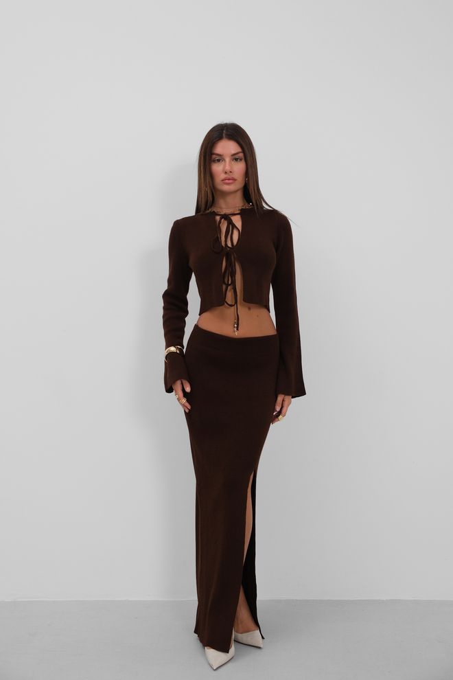 Black Fashion Conjunto De Prendas De Punto Con Falda Y Abertura De Cárdigan Con Lazo Marrón Ropa al por mayor Sexy