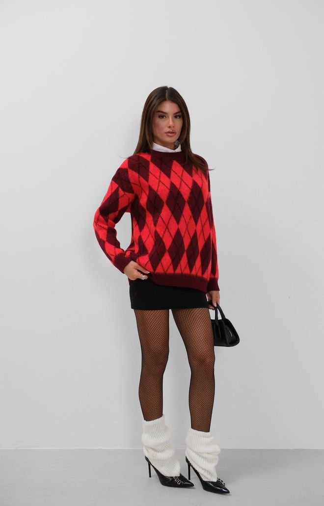 Black Fashion Πουλόβερ Με Καρό Ροζ Χρυσό Κόκκινο Claret Red Χονδρικό εμπόριο ενδυμάτων Casual