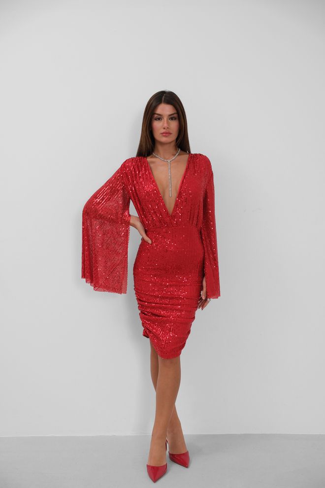 ESPADA Robe Rouge Moulante À Paillettes Avec Manches Cloche Vêtements en gros Glamour
