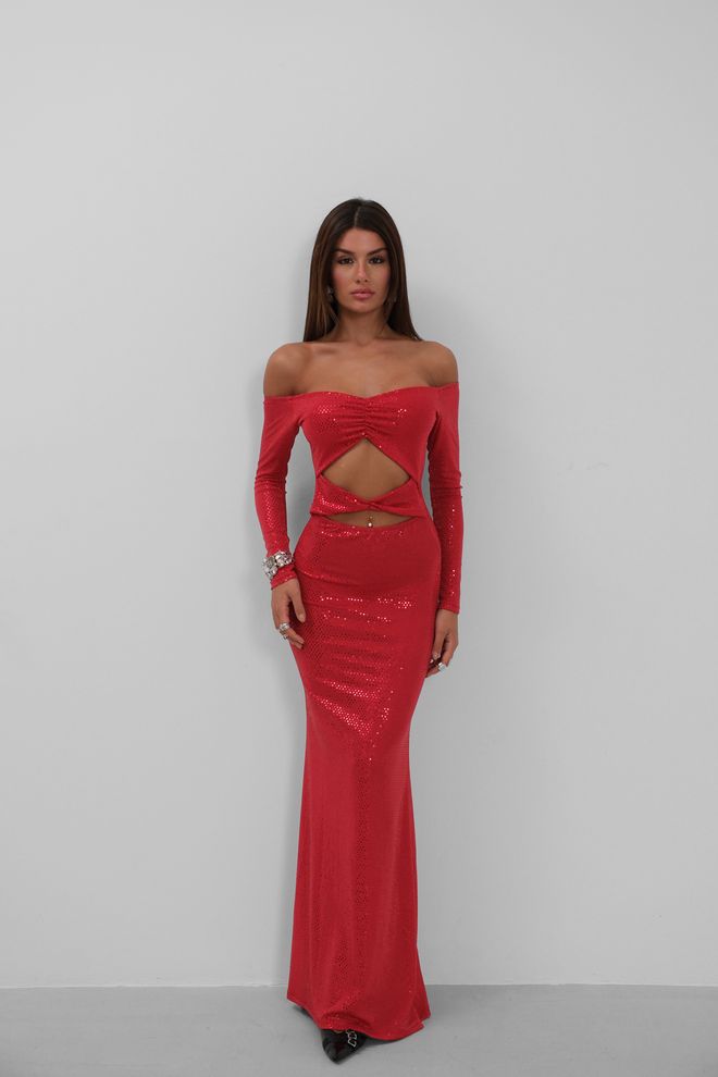 ESPADA Robe Moulante Rouge À Paillettes Avec Encolure Ras Du Cou Vêtements en gros Sexy