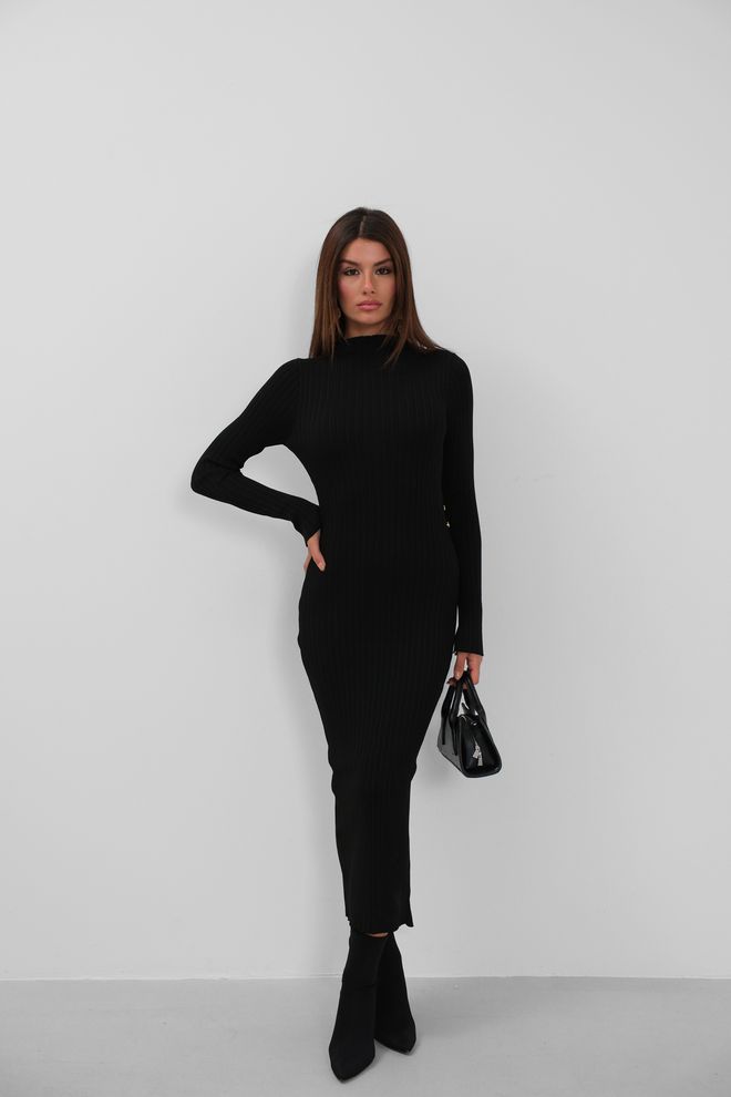 Black Fashion Low Cut Accessory Knit Dress Black Wholesale Clothing Casual