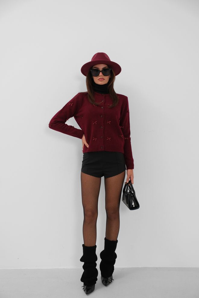 Black Fashion سترة محبوكة بتفاصيل فيونكة أحمر كلاريت ملابس بالجملة غير رسمي