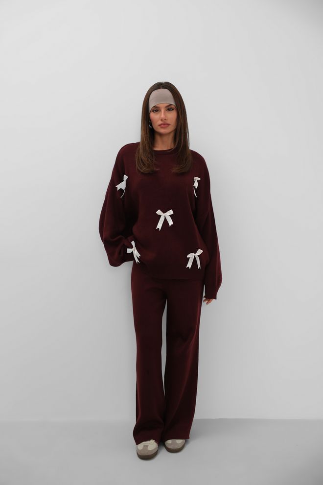 Black Fashion Трикотажный Комплект Из Брюк И Свитера С Бантом Бордово красный Оптовая продажа одежды Повседневный