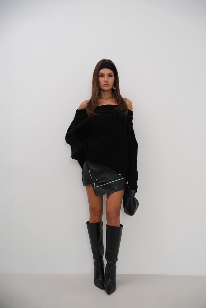 Black Fashion Boat Neck Ribbed Knit Sweater Black Wholesale Clothing Casual