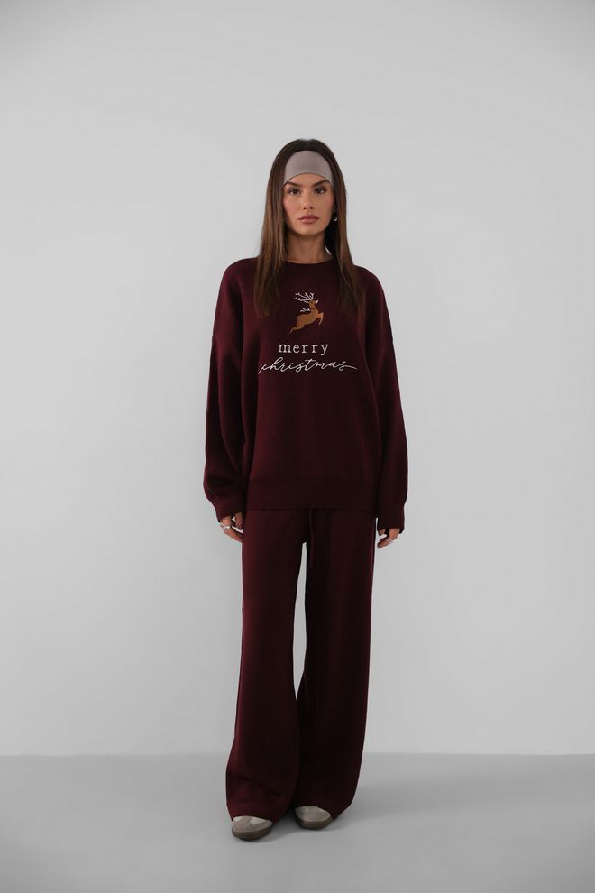 Black Fashion Комплект Трикотажа «Свитер И Брюки С Вышивкой» Бордово красный Оптовая продажа одежды Повседневный