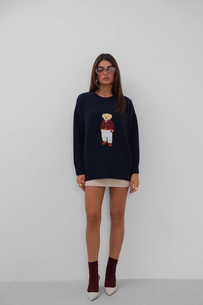 Black Fashion Teddy Bear Embroidered Oversize Sweater Navy Blue Wholesale Clothing Casual