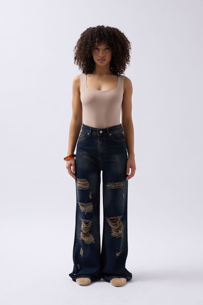 Black Fashion Laser Cut Wide Leg High Waist Jean Blue Wholesale Clothing Casual