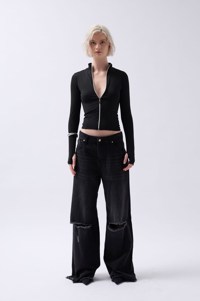 Black Fashion Zipper Detailed Blouse Black Wholesale Clothing Casual