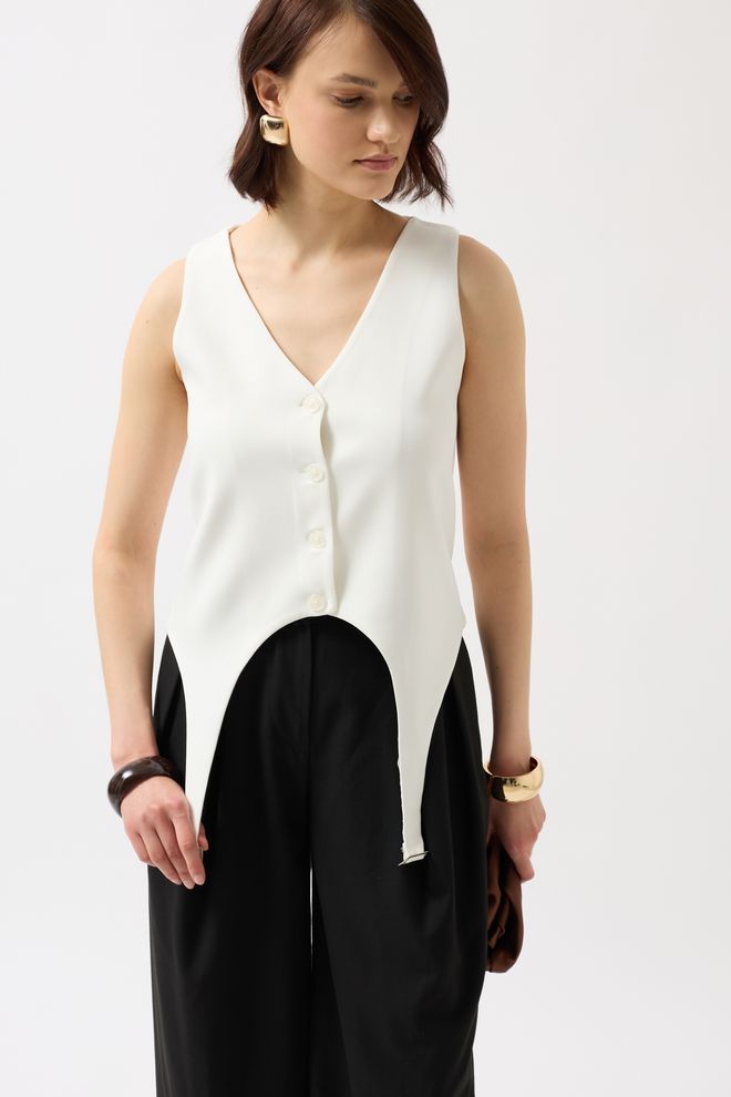 Black Fashion Belt Detail V Neck Vest White Wholesale Clothing Casual