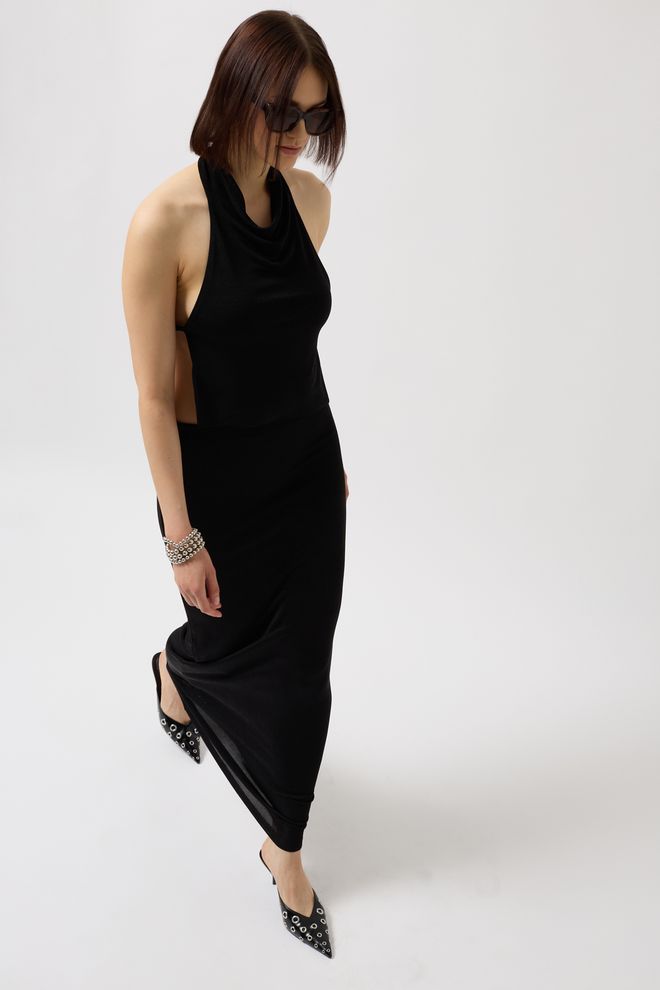 Black Fashion Maxi Suknja Od Sjajne Tkanine Crna Veleprodaja odjeće Elegantan