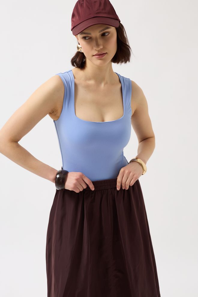 Black Fashion Square Neck Thick Strap Bodysuit Baby Blue Wholesale Clothing Casual