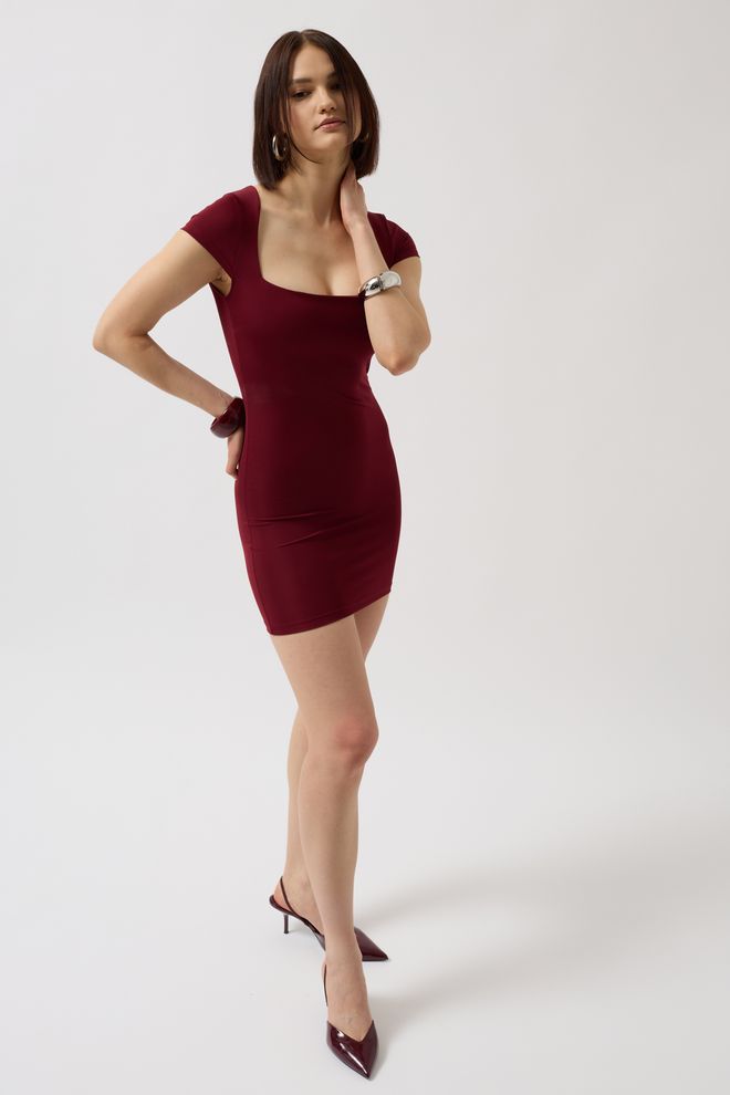 Black Fashion Window Detail Mini Neckline Dress Burgundy Wholesale Clothing Polyester