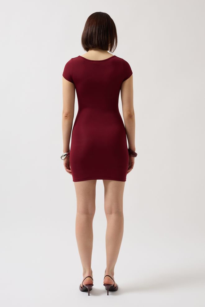 Black Fashion Window Detail Mini Neckline Dress Burgundy Wholesale Clothing 4