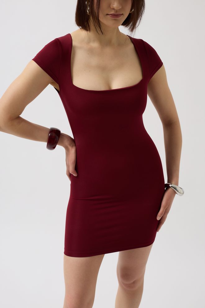 Black Fashion Window Detail Mini Neckline Dress Burgundy Wholesale Clothing Spring