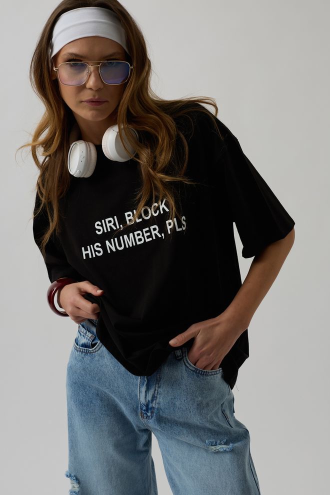 Black Fashion تي شيرت كبير الحجم مطبوع من الأمام أسود ملابس بالجملة غير رسمي