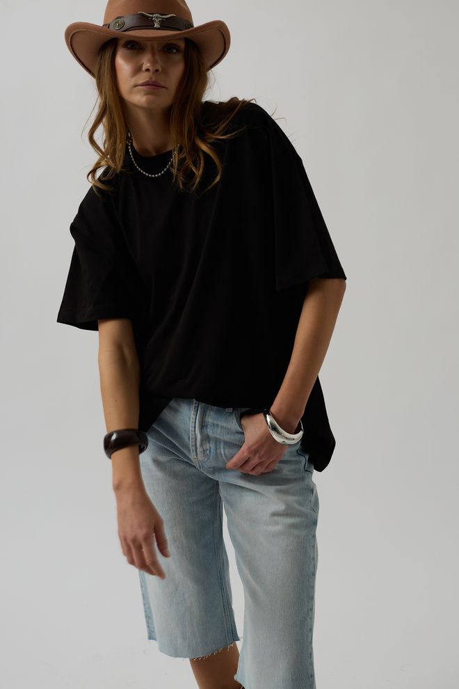 Black Fashion تي شيرت أساسي كبير الحجم أسود ملابس بالجملة غير رسمي