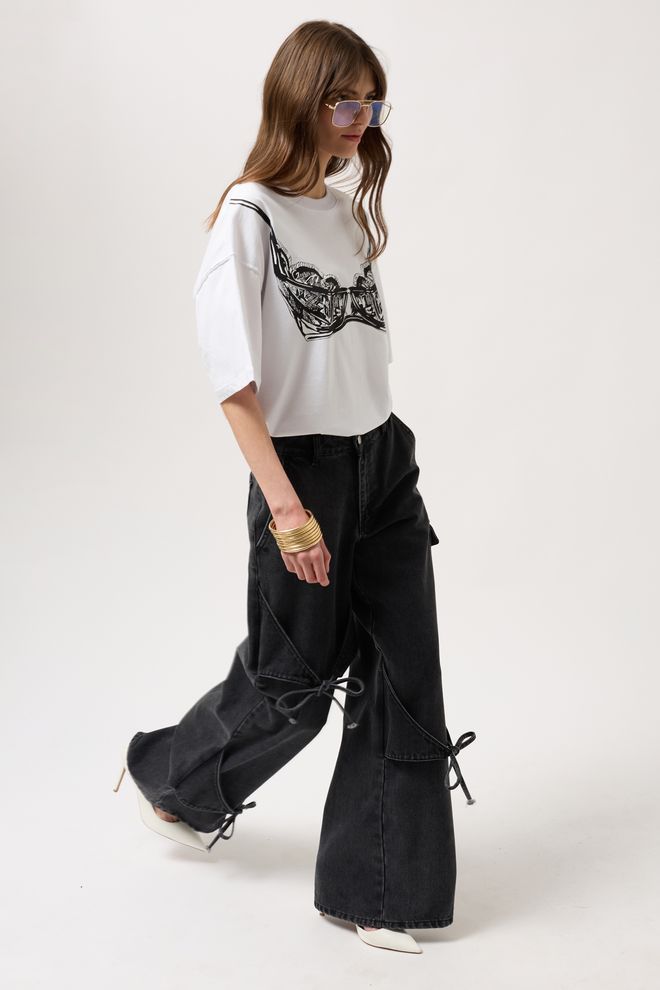 Black Fashion Широкие Джинсы карманы С Лентой И Карманом Черные Оптовая продажа одежды Повседневный