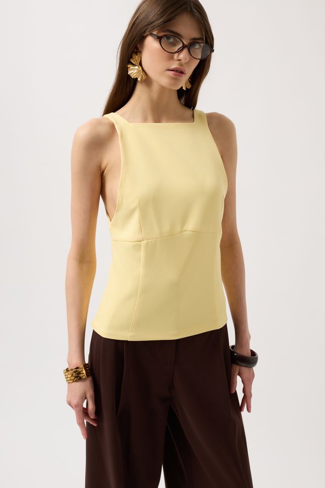 Black Fashion Blouse Met Lintdetail Aan De Achterkant Geel Groothandel Kleding Elegant
