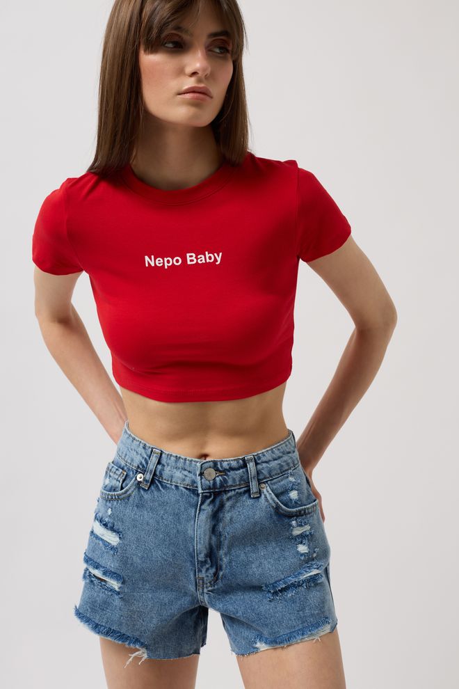 Black Fashion Nepo Baskılı Crop T Shirt Kırmızı Toptan Giyim Gündelik