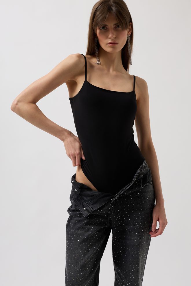 Black Fashion Rope Strap Bodysuit Black Wholesale Clothing Casual
