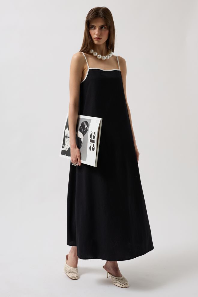 Black Fashion Şerit Detay Keten Maxi Elbise Siyah Toptan Giyim Gündelik