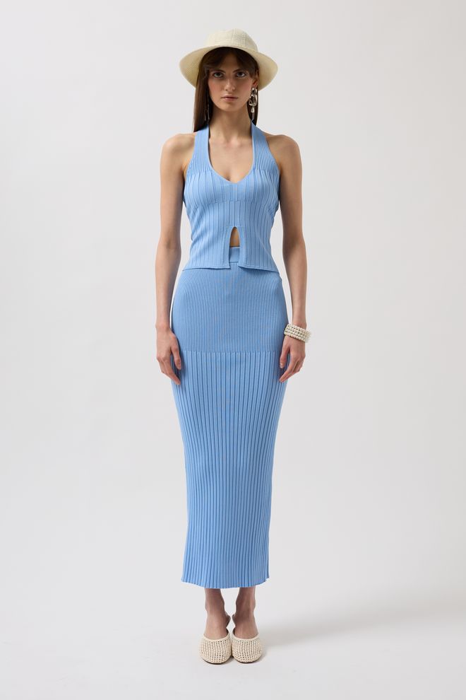 Black Fashion High Waist Textured Skirt Baby Blue Wholesale Clothing Polyester