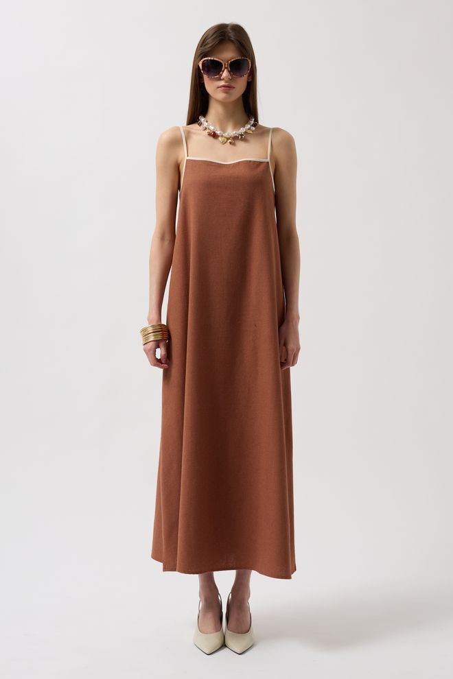 ESPADA Brown Elegant Sleeveless Slip Dress Wholesale Clothing Cotton