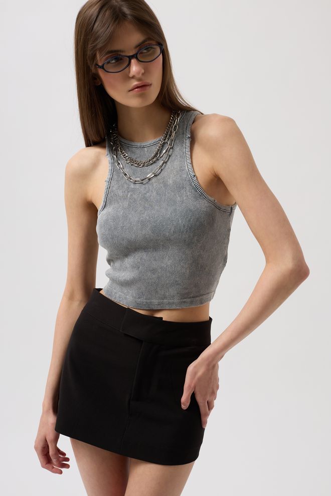 Black Fashion Gewaschene Crop Bluse Mit Neckholder Grau Großhandelskleidung Lässig