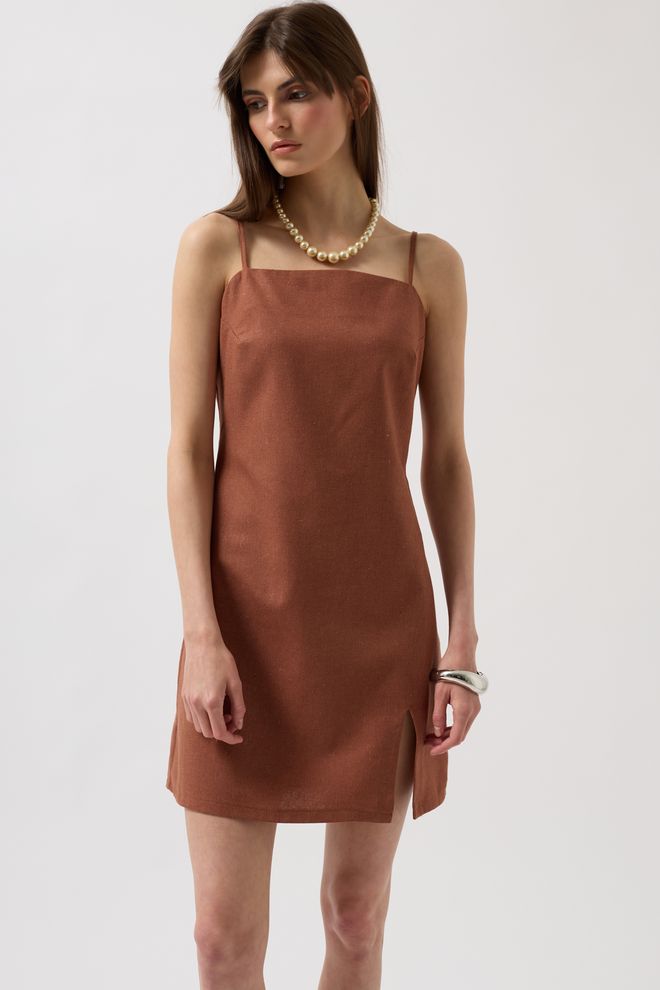 Black Fashion Mini Abito In Lino Con Dettagli A Fessura E Cinturino In Corda Marrone Abbigliamento all'ingrosso Casuale