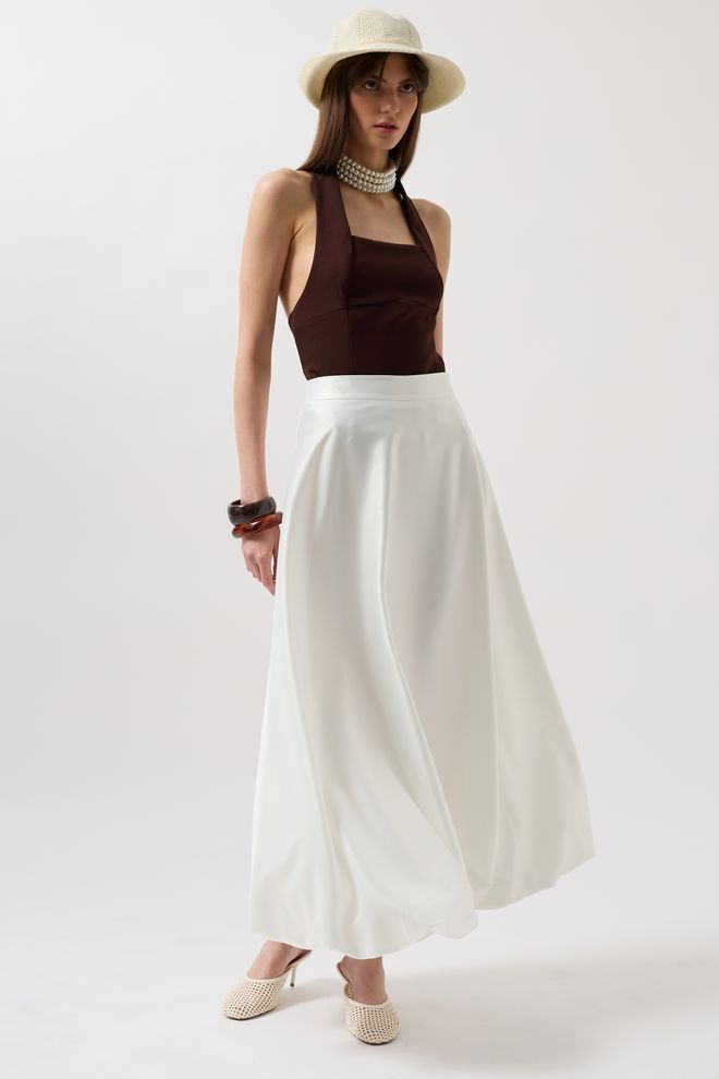 Black Fashion Saia Midi Com Detalhe De Balão De Cetim Branca Roupas por atacado Elegante