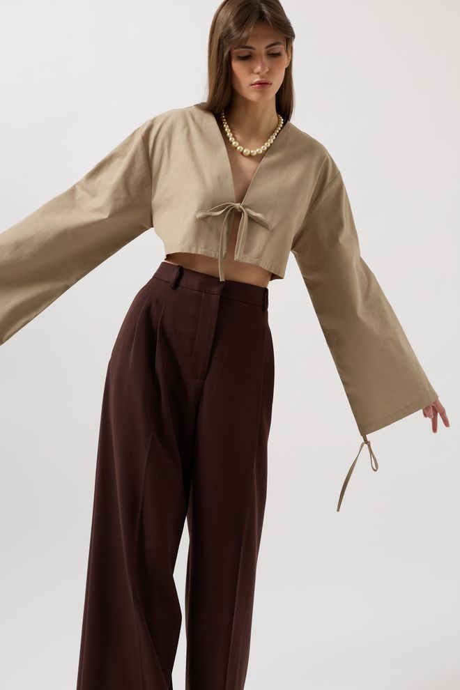 Black Fashion Palaidinė Ilgomis Rankovėmis “Tie Up Detail” Smėlio Spalvos Didmeninė prekyba drabužiais Kokteilinė