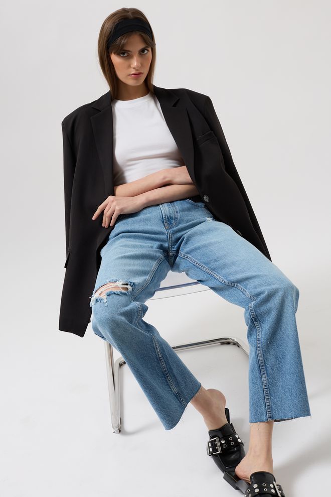 Black Fashion Laserovo Strihané Džínsy S Vysokým Pásom Modrá Veľkoobchod s oblečením Neformálny