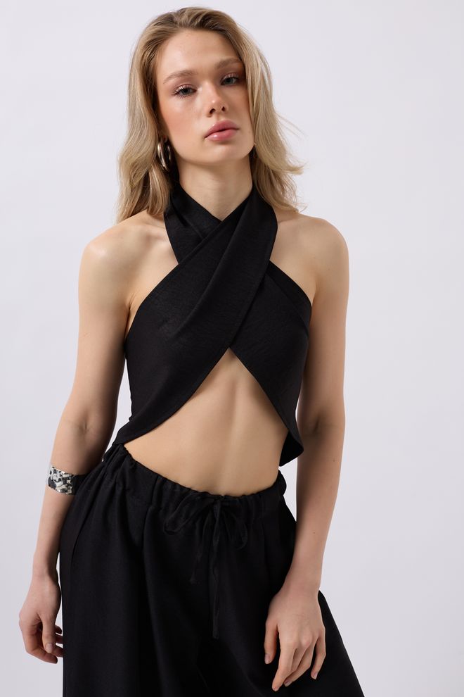 Black Fashion Crop Van Linnen Met Kruisstropdas Zwart Groothandel Kleding Sexy