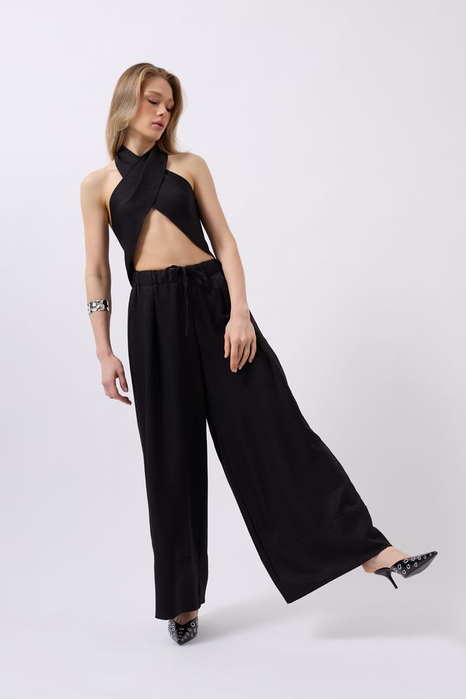 Black Fashion Crop Van Linnen Met Kruisstropdas Zwart Groothandel Kleding Verjaardag
