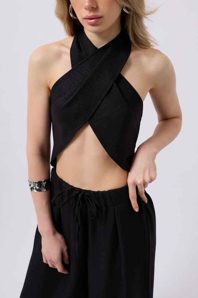 Black Fashion Crop Van Linnen Met Kruisstropdas Zwart Groothandel Kleding Lente