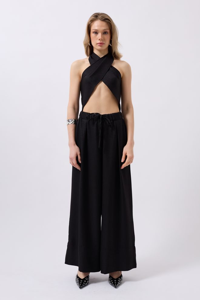 Black Fashion Crop Van Linnen Met Kruisstropdas Zwart Groothandel Kleding Katoen