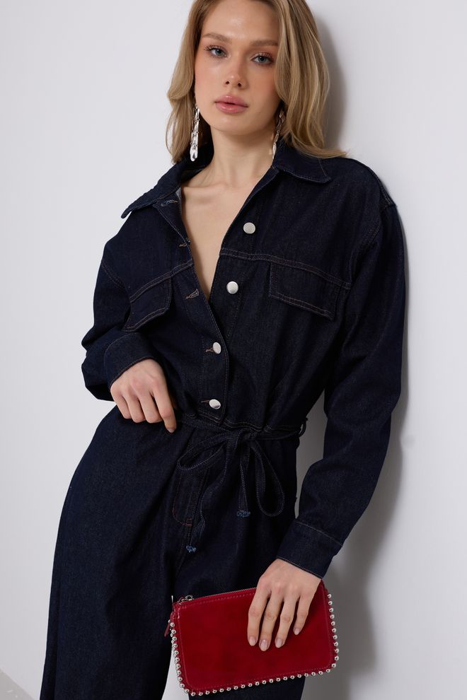 Black Fashion Темно синий Джинсовый Комбинезон С Пуговицами Оптовая продажа одежды Повседневный