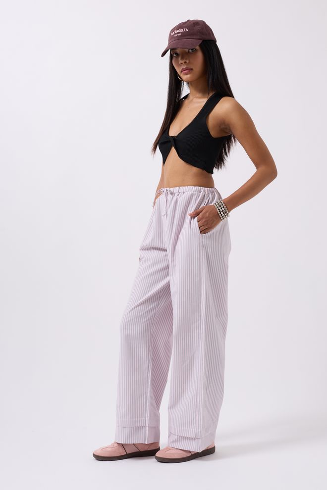 Black Fashion Striped Waist Elastic Pants Pink Wholesale Clothing Casual